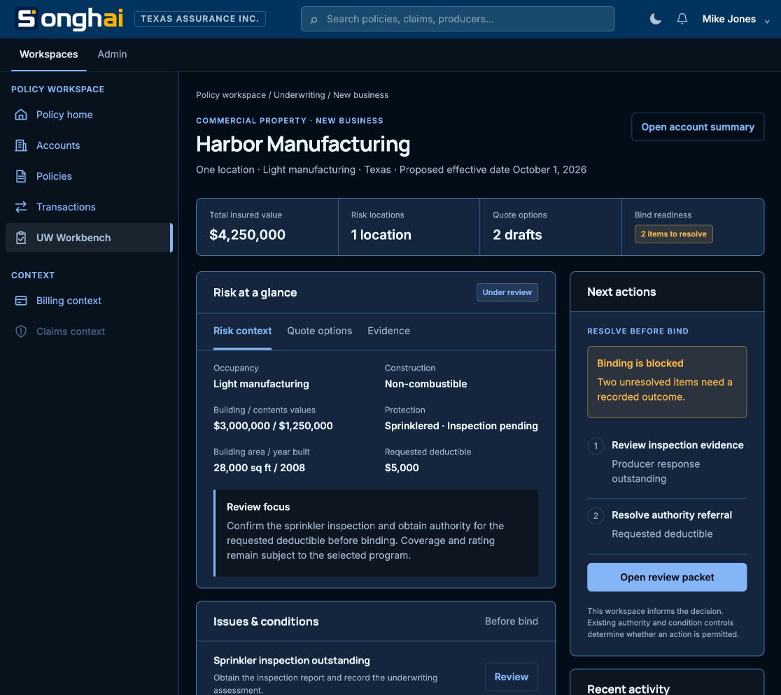 Songhai dark-mode underwriting desktop for Texas Assurance Inc., showing a Commercial Property risk, its evidence and conditions, and the next actions required before binding.